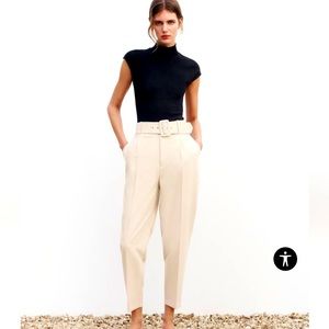 ZARA-PANTS WITH FABRIC-COVERED BELT SIZE MED, CREAM